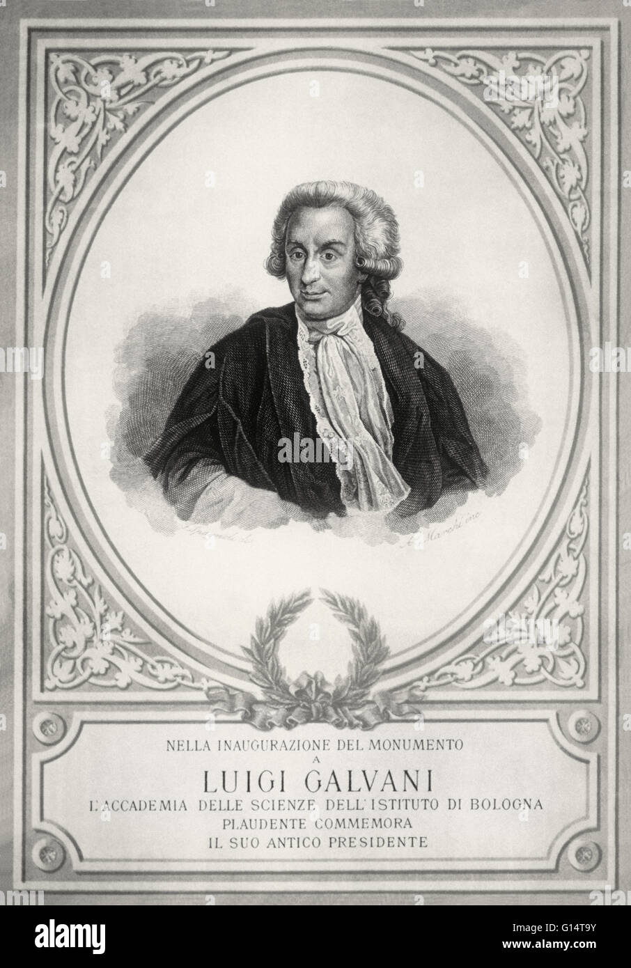 Luigi Aloisio Galvani (1737-1798) was an Italian physician and physicist who lived and died in Bologna. In 1791, he discovered that the muscles of dead frogs legs twitched when struck by a spark. This was one of the first forays into the study of bioelect Stock Photo