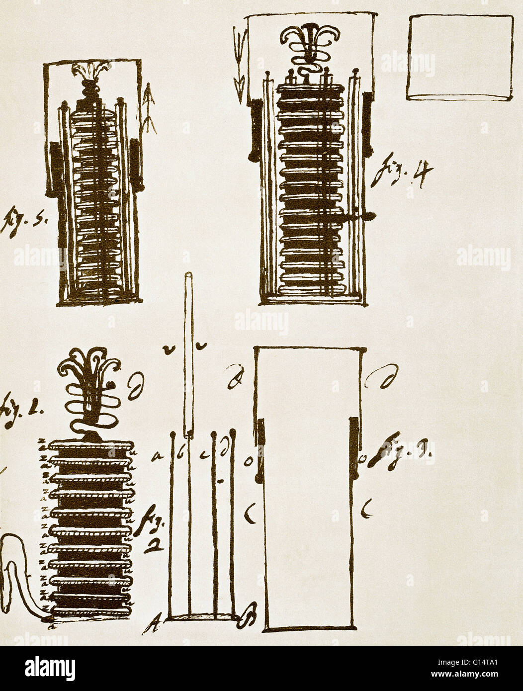 A drawing made by inventor Alessandro Volta (1745 - 1827), of the first  electric battery, called the "pile" or the Voltaic battery. This was the  first instrument able to produce a steady