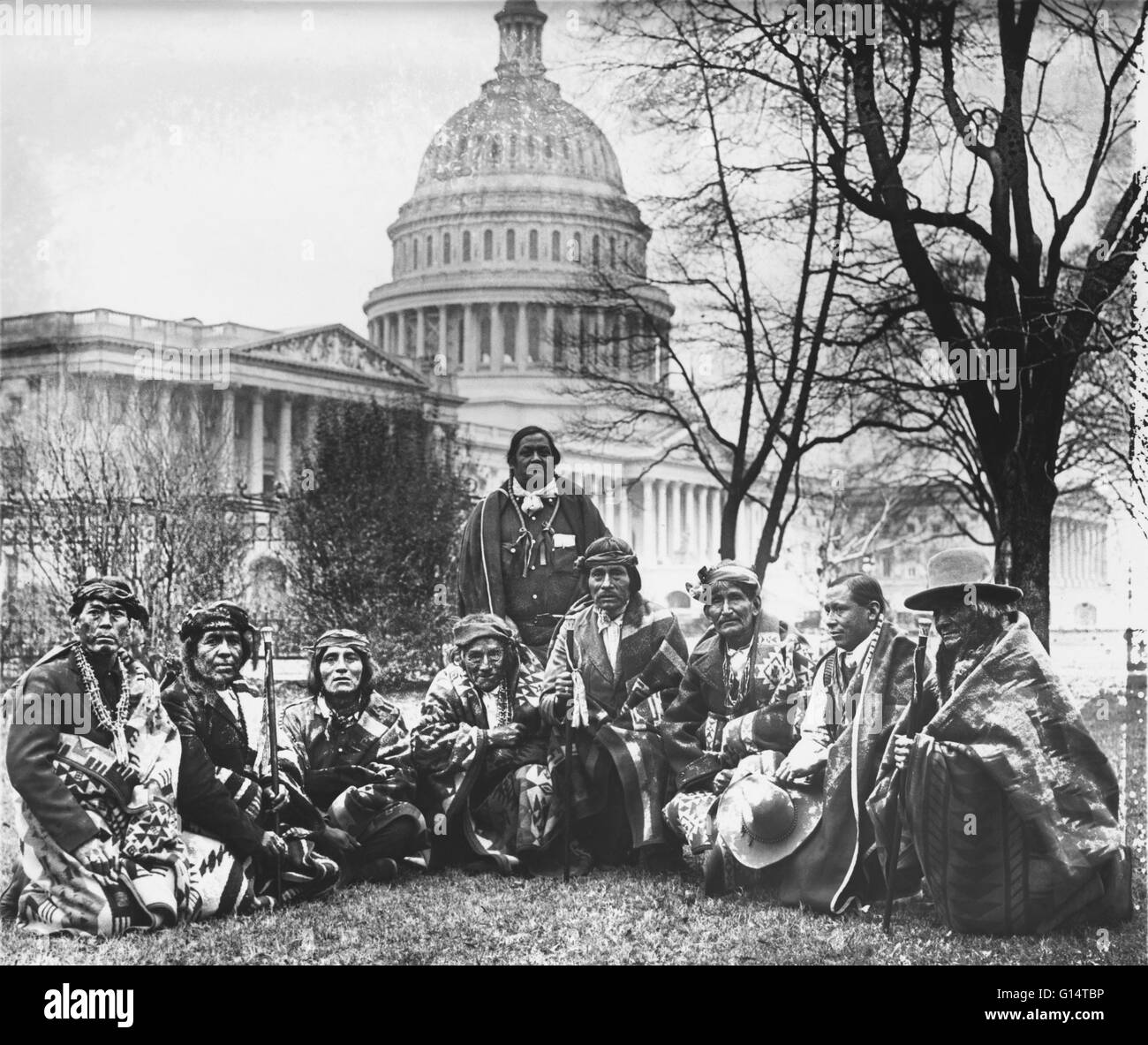 Group of Pueblo Indians photographed at the U.S. Capitol, January 15, 1923. This was this first time since the Lincoln administration that the Pueblo Indians sent a delegation to Washington. They appeared before the Senate Lands committee. Stock Photo