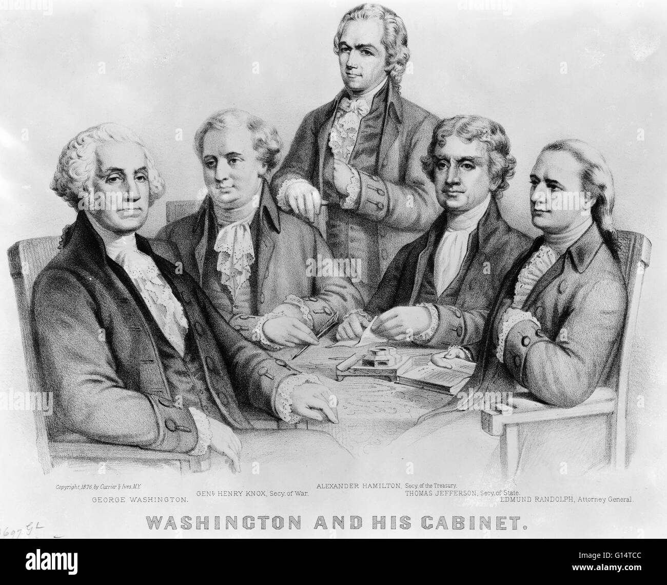 A drawing of President George Washington and his cabinet. From left to right: George Washington, General Henry Knox (Secretary of War), Alexander Hamilton (Secretary of the Treasury), Thomas Jefferson (Secretary of State) and Edmund Randolph (Attorney Gen Stock Photo