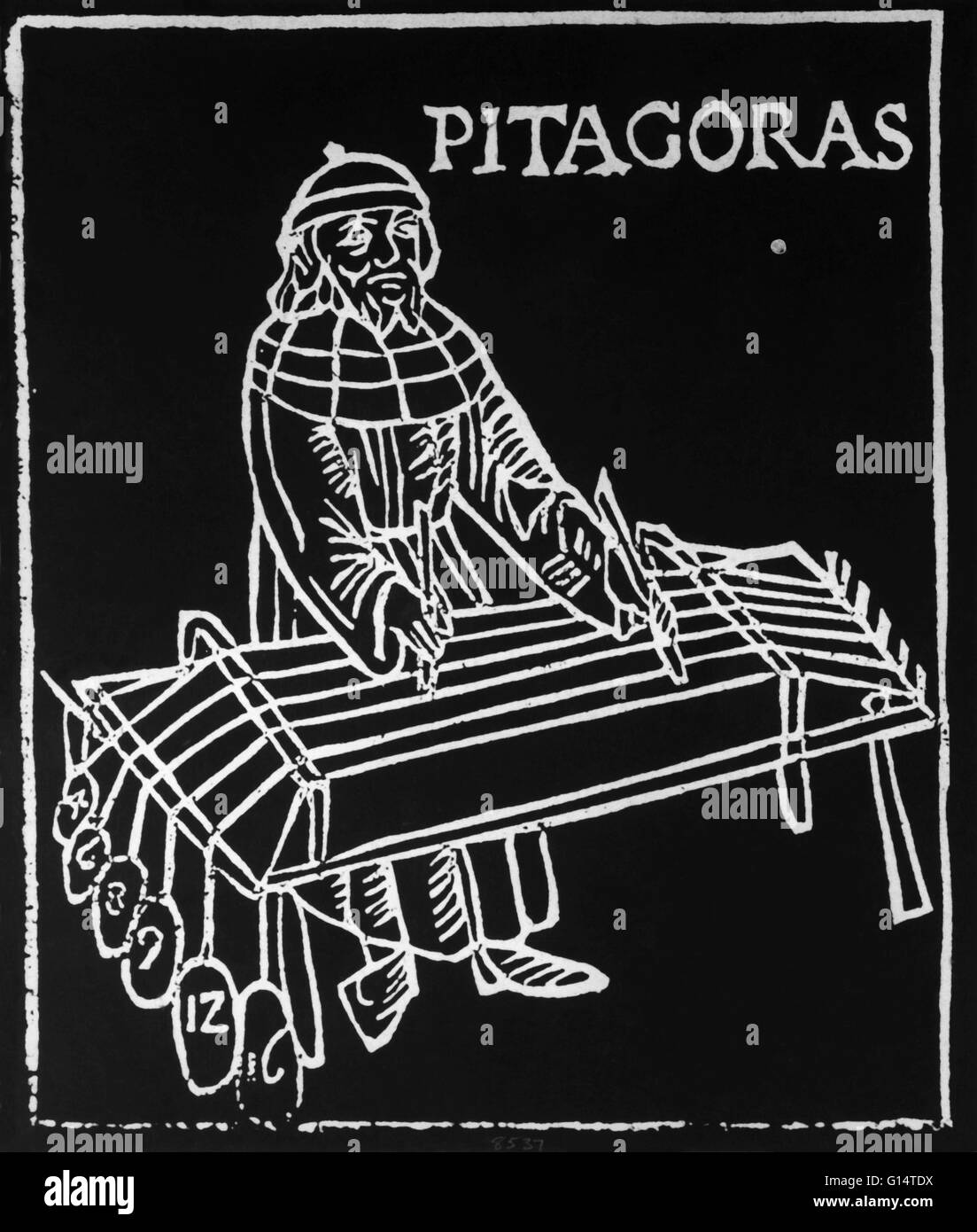 Woodcut by Gafurius of Pythagoras. The woodcut is called 'Theorica Musicae' (1492). Pythagoras used a device with a set of weighted strings to determine the mathematical relationships between frequencies of notes in the musical scale. Pythagoras of Samos Stock Photo