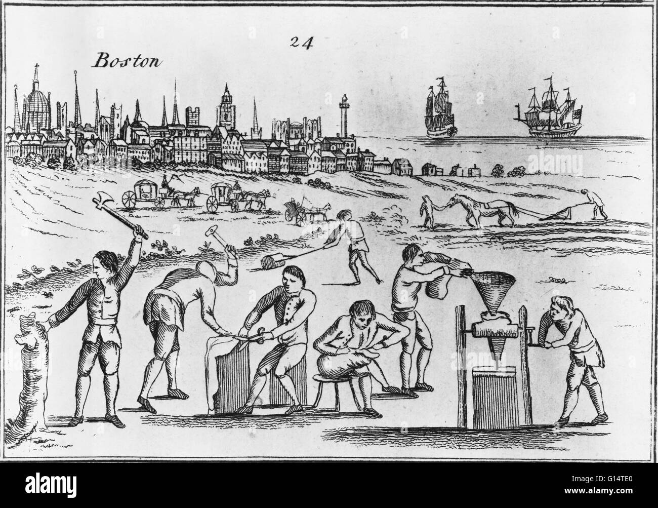 'Political electricity; or, an historical & prophetical print in the year 1770,' an engraving from a broadsheet published in London, showing industrious American colonists at work in New England.  The image was intended to warn the British goverment that Stock Photo