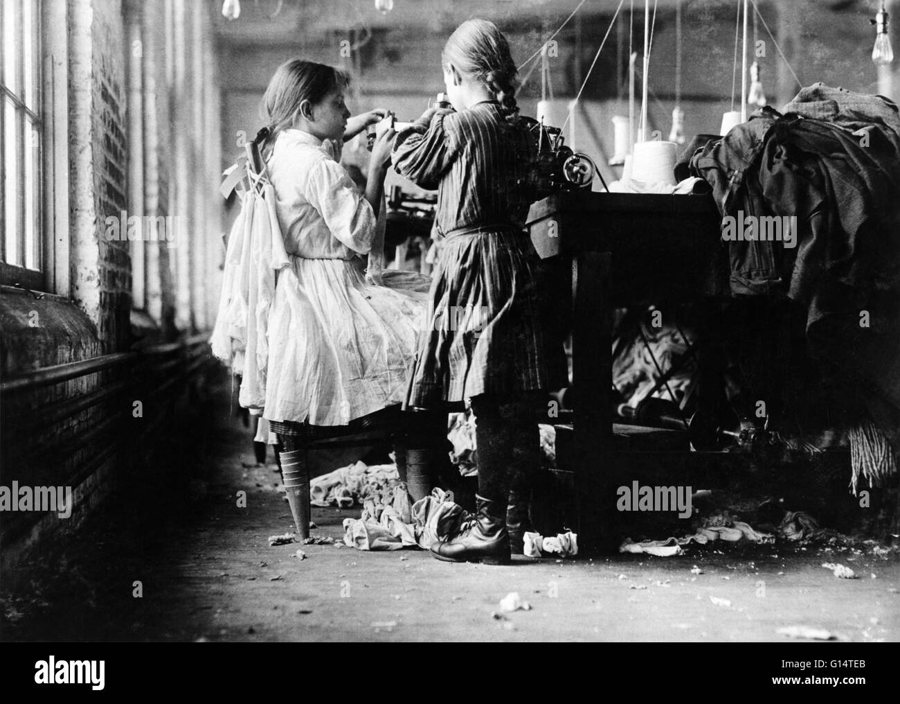 Turn of the century Child Labor at a Rhode Island textile mill, circa 1890. Stock Photo