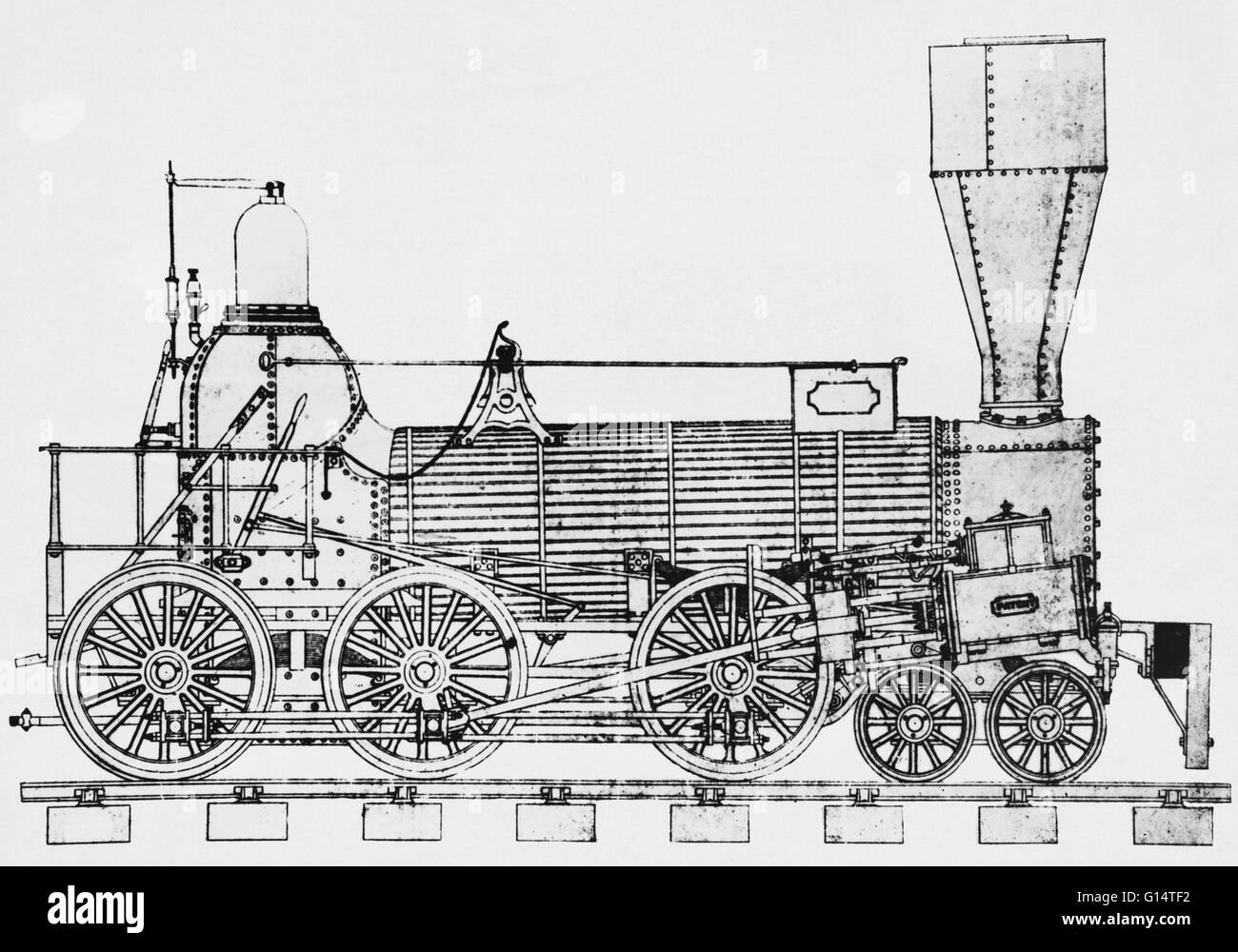 The Chesapeake, designed by Septimus Norris and built in 1847, was the first practical engine with a 4-6-0 wheel arrangement, (10-wheeler).  The locomotive weighed about 20 tons.  It had no cab. Stock Photo