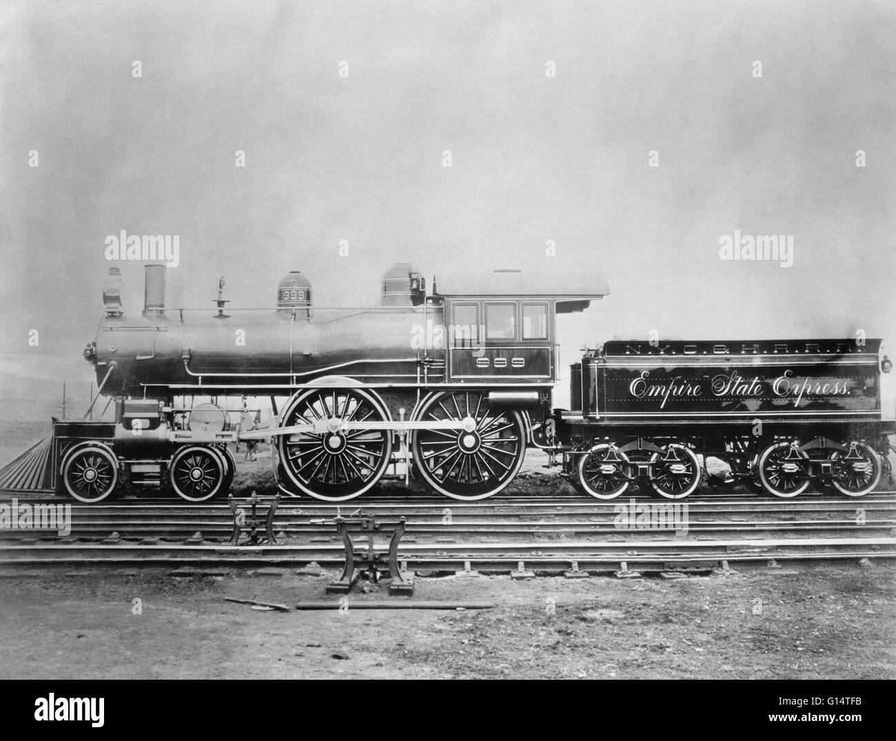 On May 10th, 1893, this locomotive, (#999), hauled the Empire State Express on its world speed record run from New York City to Buffalo, supposedly reaching a top speed of 112.5 mph.  It was designed by William Buchanan and exhibited at the World's Columb Stock Photo