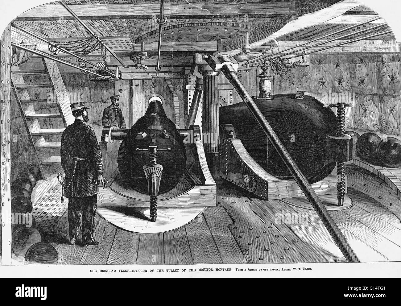 Interior of the turret aboard the monitor USS Montauk, a U.S. warship that took part in the Civil War.  From a sketch by W.T. Crane. Stock Photo