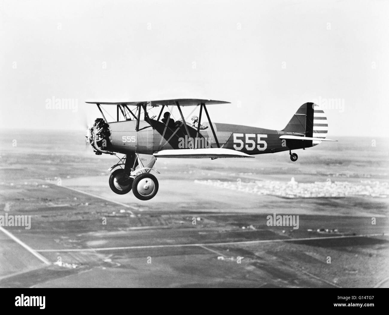 Pilot training in a Consolidated PT-11 biplane over Randolph Field, (Now Randolph Air Force Base), Texas; circa 1935. Stock Photo
