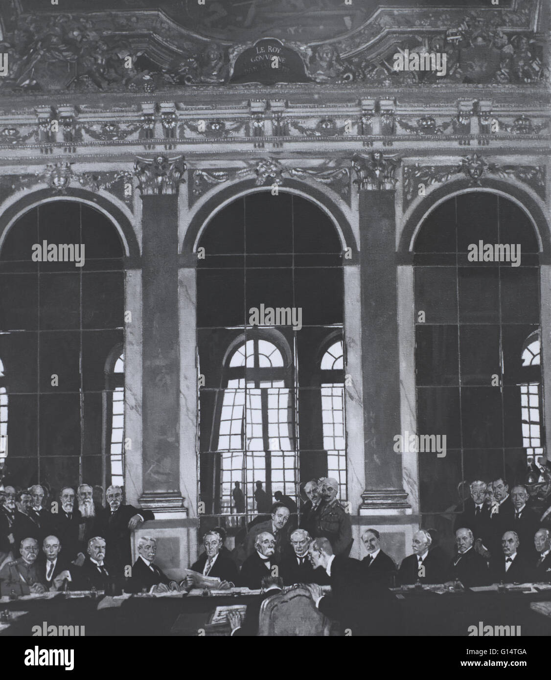 The signing of the Treaty of Versailles in the Hall of Mirrors, painted by Sir William Orpen. Stock Photo