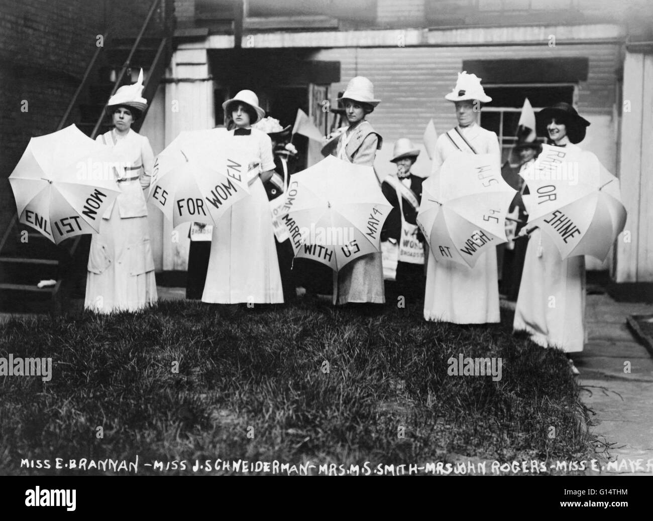 Prominent American suffragettes advertise their cause and a forthcoming parade; New York City, 1912. Stock Photo