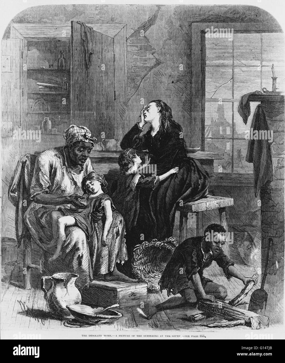 A wood engraving, 'The Desolate Home,' published in Frank Leslie's Illustrated Newspaper in 1867, showing suffering in the South during Reconstruction after the American Civil War. Stock Photo
