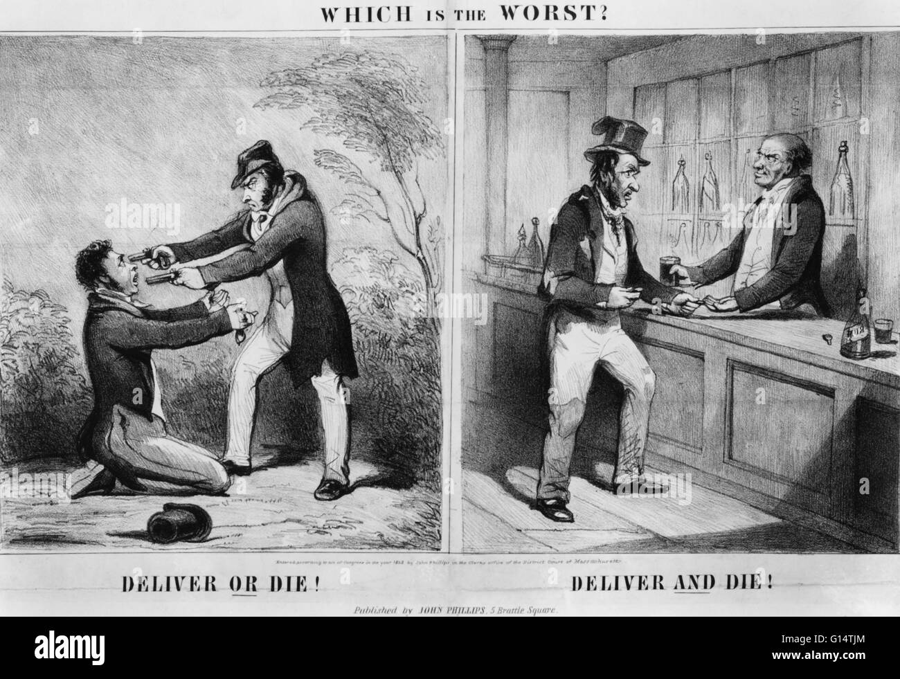 Political illustration asking 'Which is the Worst?' On the left, a man is robbed and the caption reads 'Deliver or die!'; on the other, a man buys a drink and the caption reads 'Deliver and die!'. Stock Photo