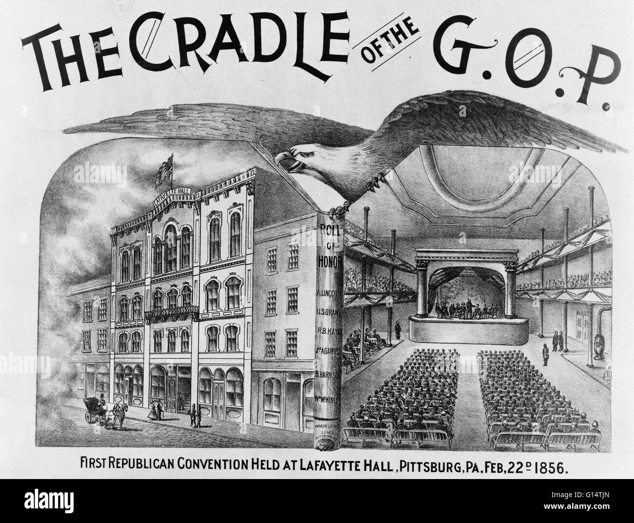'The Cradle of the GOP,' illustrating the first Republican convention held at LaFayette Hall, Pittsburgh, PA, Feb. 22nd 1856. The print shows exterior and interior views of the hall. The Grand Old Party (GOP) was founded by anti-slavery expansion activist Stock Photo