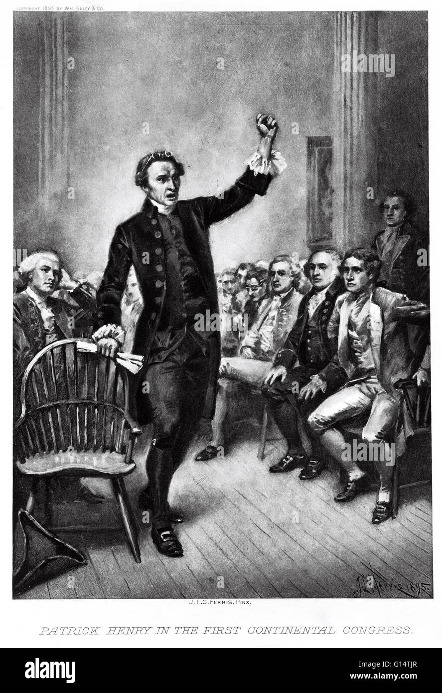 Henry speaking at the First Continental Congress. The First Continental Congress was a meeting of delegates from twelve of the thirteen colonies that met on September 5 to October 26, 1774 at Carpenters' Hall in Philadelphia, Pennsylvania. The Congress wa Stock Photo