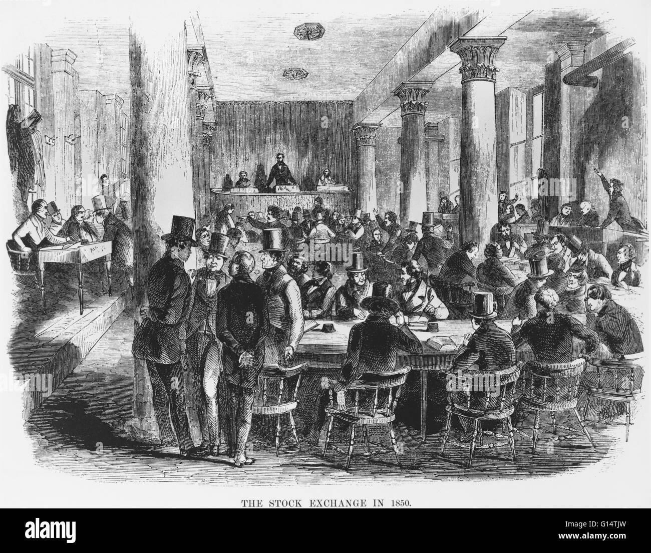 Wood carving depicting the Stock Exchange in 1850. Stock Photo