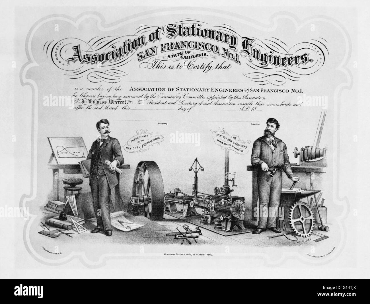 Association of Stationary Engineers membership document from 1886; groups like these were the early precursors to the modern labor unions. Stock Photo
