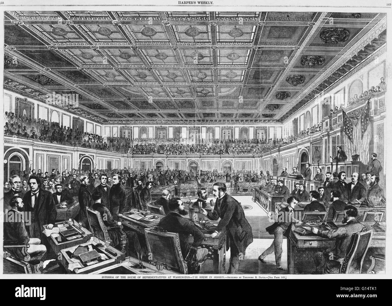 A wood engraving by Theodore R. Davis, published in Harper's Weekly, showing the interior of the House of Representatives in session, 1868. Stock Photo