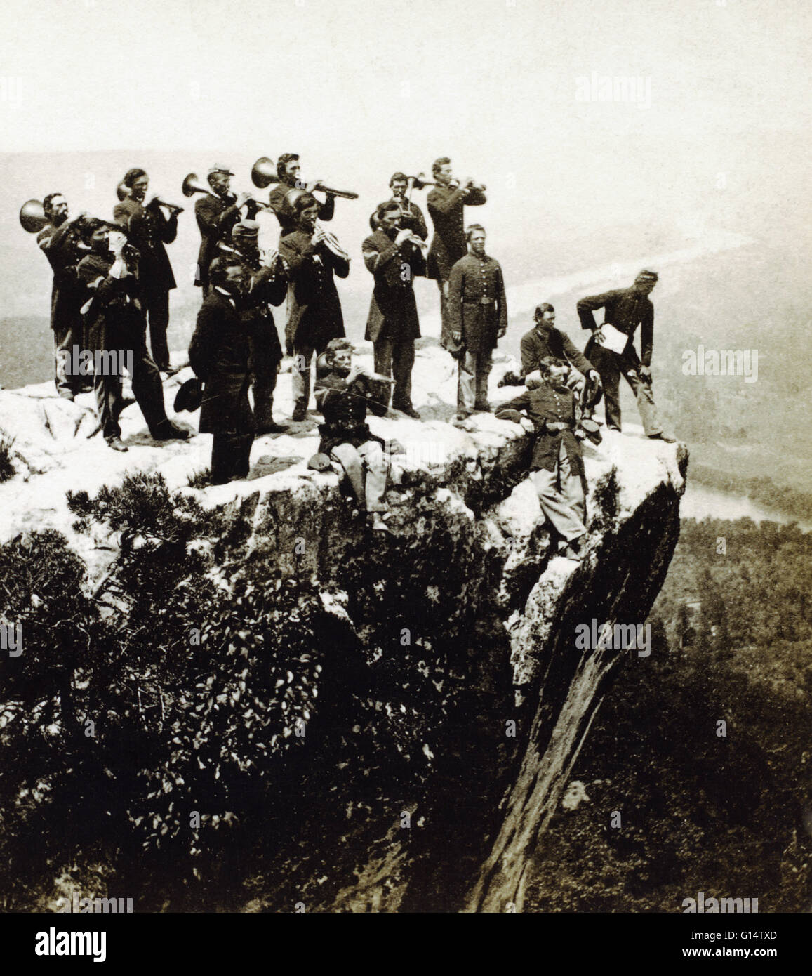A Union Army brass band posed and playing atop Lookout Point, Tennessee. The Tennessee River is visible in the background. 1864. Photographed by Robert Linn. Wisconsin Historical Society/Photo Researchers, Inc. Stock Photo
