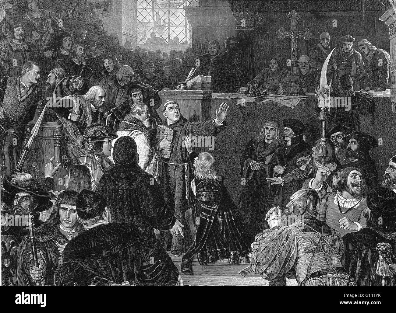 Martin Luther at the Imperial Diet of Worms (1521). Martin Luther (1483-1546) was a German priest, professor of theology and a major figure of the Protestant Reformation. He disputed the claim that freedom from God's punishment for sin could be purchased Stock Photo
