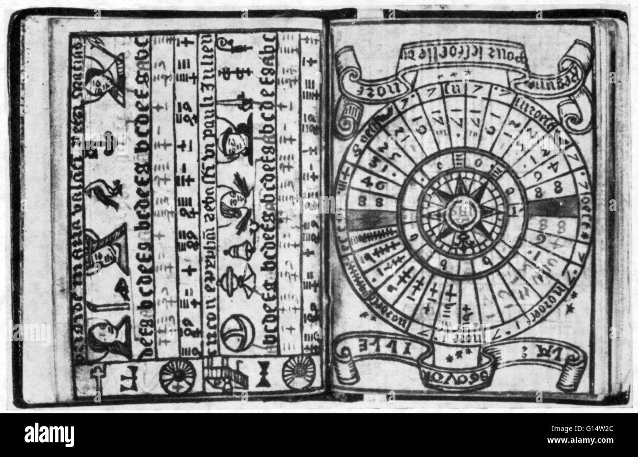 'The rule of the north star, and distance to raise or lay 1 degree of latitude, and the almanac for January and February, in Brouscon's Tide-tables and Almanac of c. 1545.' Guillaume Brouscon was a Breton mapmaker of the Dieppe school in the 16th century. Stock Photo