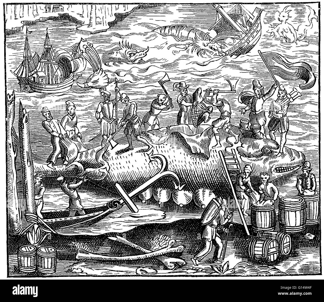 Woodcut of a 'whale-catch' from Des Monstres et prodiges by Ambroise Paré, 1573. Des Monstres is filled with unsubstantiated accounts of sea devils, marine sows, and monstrous animals with human faces. With its extensive discussion of reproduction and ill Stock Photo