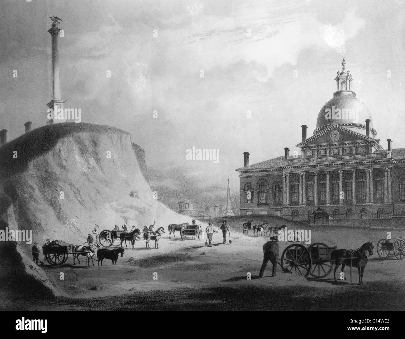 Workers leveling Beacon Hill, Boston, in 1811; a view from the north towards the Massachusetts State House. Lithograph by  J.H. Bufford, 1858; after a drawing by J.R. Smith of 1811-12. Stock Photo