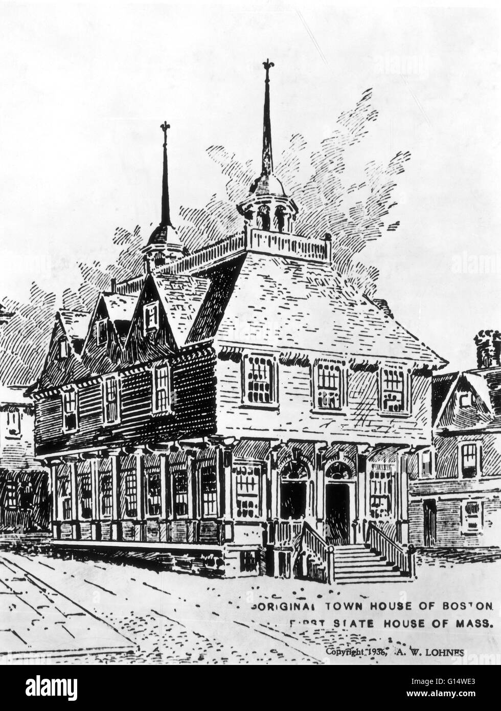 Conjectural illustration of the First Town-House of Boston by A.W. Lohnes, 1936. The wood frame building was completed in 1658 and stood until it was destroyed in the great fire of October 1711. It was located on the site of the Old State House and served Stock Photo
