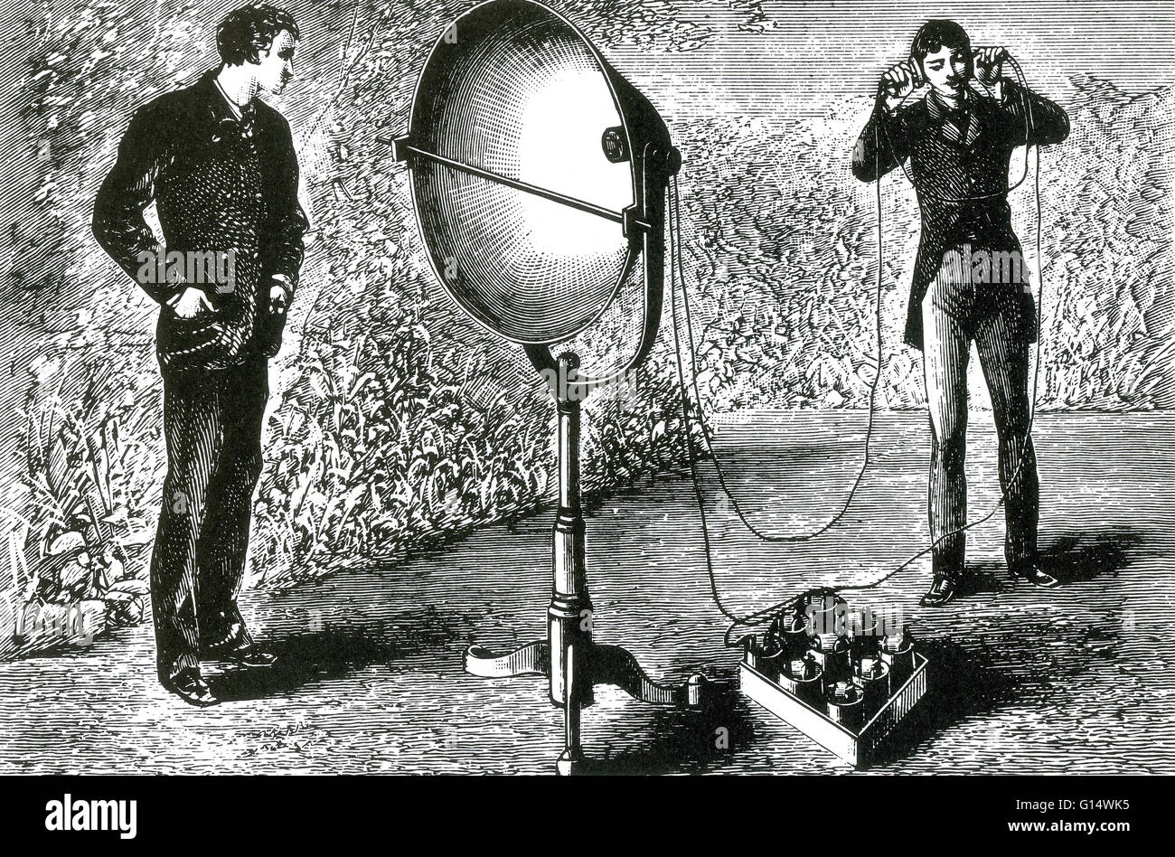 The essential elements of a telephone are a microphone (transmitter) to speak into and an earphone (receiver) which reproduces the voice of the distant person. The photophone (later given the alternate name radiophone) was similar to a contemporary teleph Stock Photo