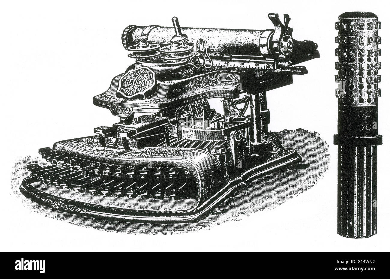 The Crandall Typewriter was patented in 1881 and manufactured by the Crandall Machine Company of Groton, New York. The Crandall used a type sleeve, as opposed to type bars, inked by a ribbon. It also used a non standard two-row keyboard. The type sleeve, Stock Photo