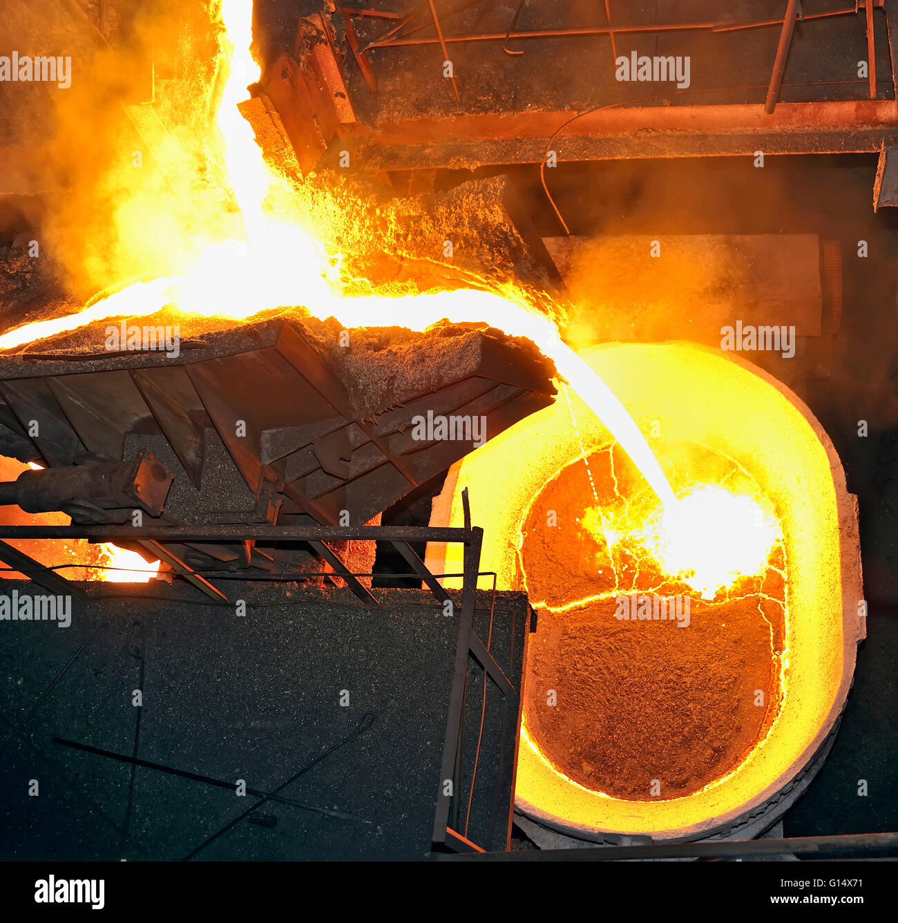 Hot steel pouring in steel plant Stock Photo