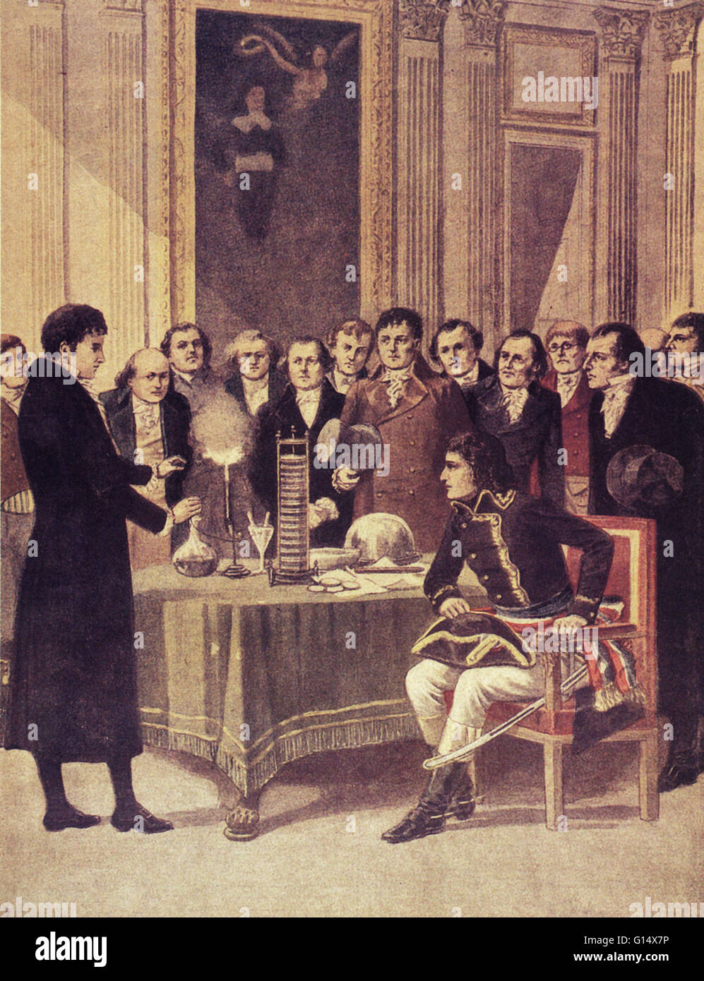 Count Volta demonstrates his newly-invented battery or 'Voltaic pile' to Napoleon. Alessandro Volta (1745- 1827) was an Italian physicist. He became interested in electricity in 1786 after seeing the work of Galvani. Volta was the first to show that an el Stock Photo