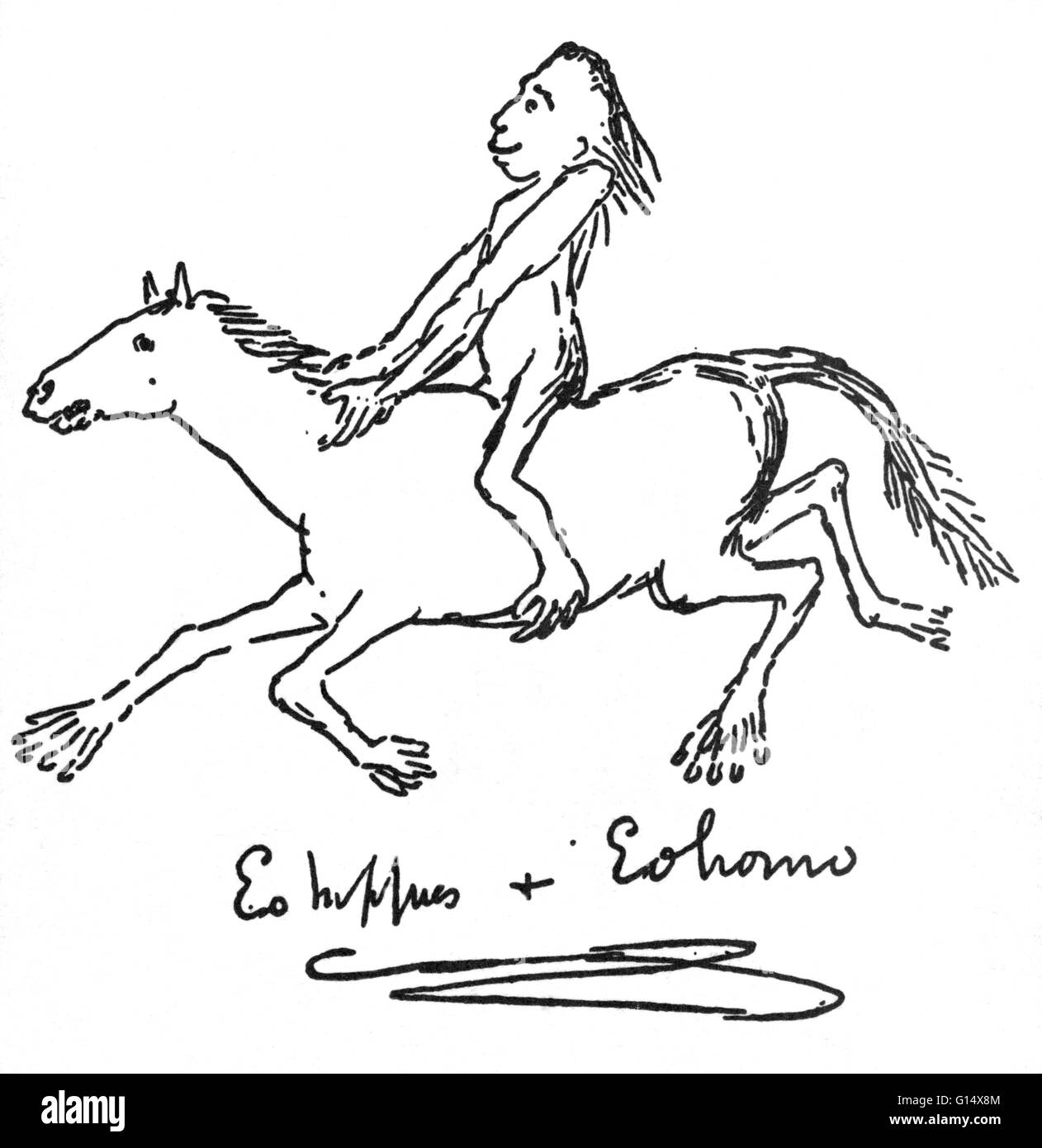 Illustration of a prehistoric man on a horse by Thomas Henry Huxley. Stock Photo