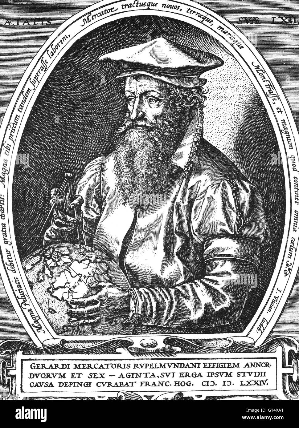 Gerardus Mercator (March 5, 1512 - December 2,1594) was a Flemish cartographer. He was born Gerard de gemor or de Cremer (Mercator is the Latinized form of his name). Mercator's map-making began when he produced a map of Palestine in 1537. In 1538 he prod Stock Photo