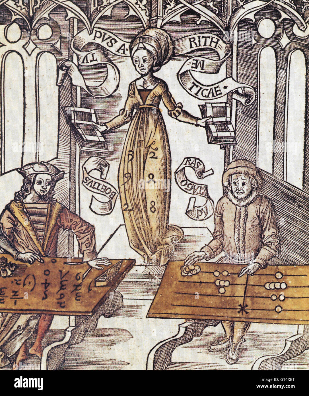 The triumph of arithmetical algorithms over the conventional abacus for calculation. Classic woodcut of Arithmetica (or the Allegory of Arithmetic) supervising a contest between Boëthius, representing written calculation using Hindu-Arabic numbers, and Py Stock Photo
