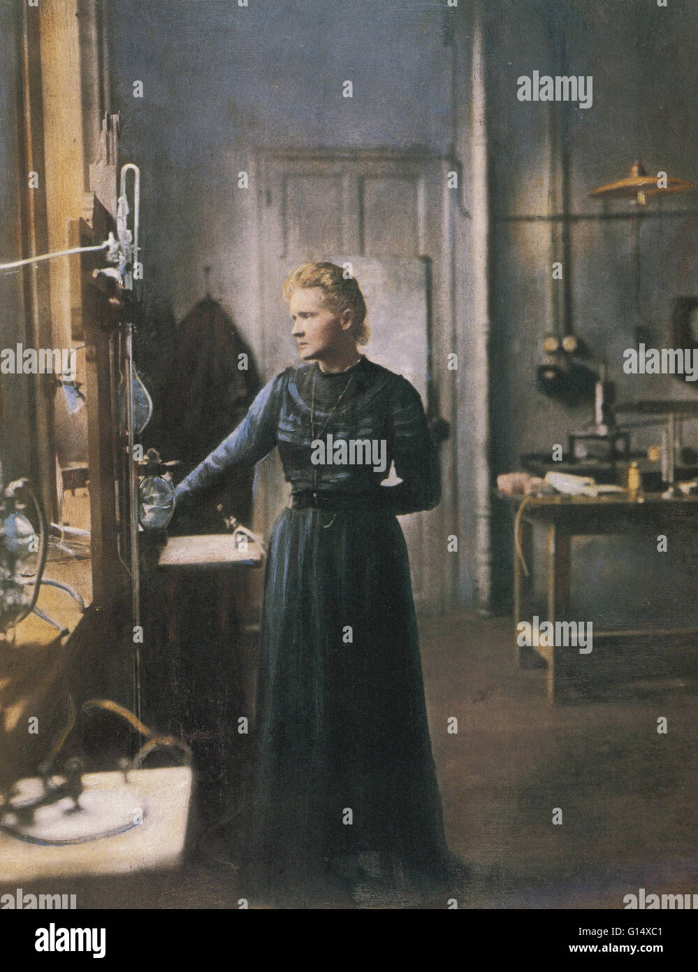 Portrait of Marie Curie in her laboratory. Curie (1867-1934) was a Polish-French chemist and physicist and a pioneer of radiology. She was the first person to receive two Nobel Prizes (chemistry and physics) and also the first to be awarded these prizes i Stock Photo