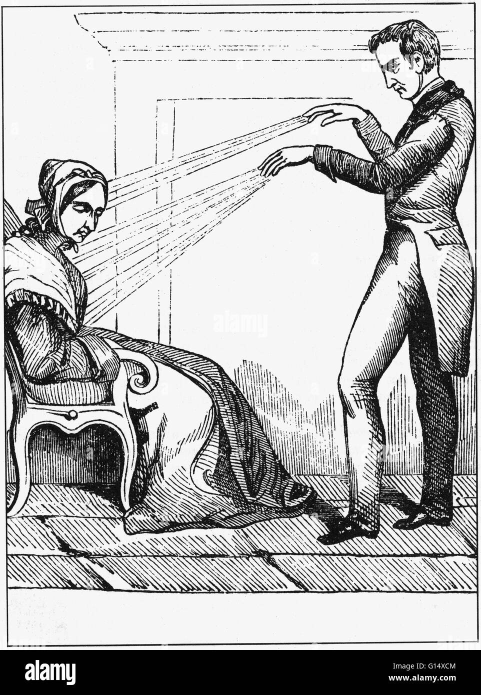 Hypnotism of a female subject from the Manuel de l'Etudiant Magnetiseur, a guide for students of magnetism by Jules Denis de Sennevoy, Baron Du Potet, 1846. Hypnosis is a state of consciousness involving focused attention and reduced peripheral awareness Stock Photo