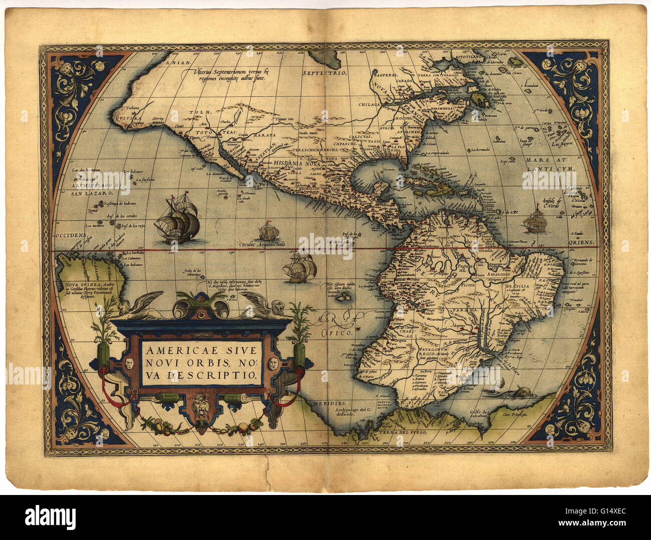 Map of the New World, in the 1570 edition of the Ortelius Atlas (Theatrum Orbis Terrarum). Abraham Ortelius (1527-1598) was a Flemish mapmaker who is considered to have produced the first true atlas (collection of uniform maps in one book). Ortelius worke Stock Photo