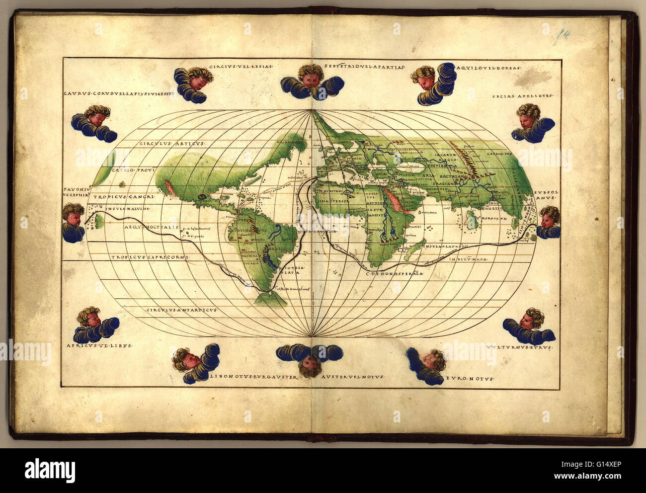 Magellan's route around the world, in a 1544 copy of the Agnese Atlas. Magellan's route is shown as a dark line. Ferdinand Magellan (c.1480-1521) set sail from Seville, Spain, in August 1519 with five ships. He sailed south and west around the tip of Sout Stock Photo