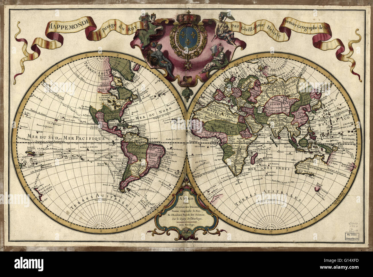 18th century map of the world. Published in Paris in 1720, this French map shows the known world, including the new lands that had been discovered in the preceding centuries by Europeans exploring across the Atlantic and far to the East around Africa. It Stock Photo