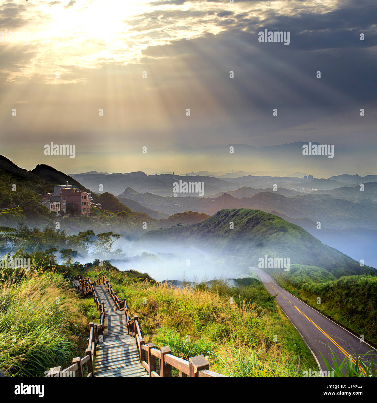 The imageing of beautiful landscapes with green road and nice ...