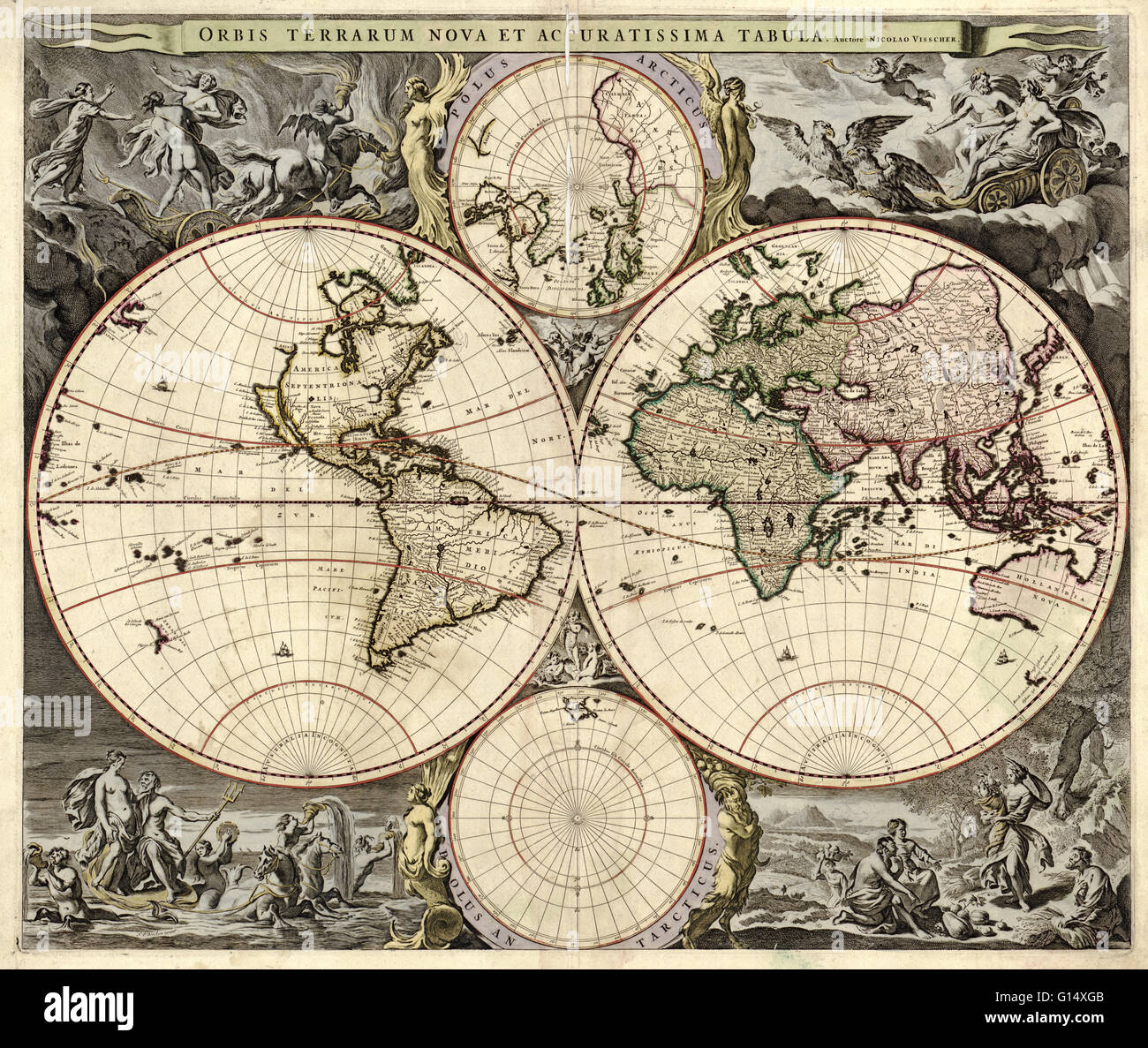 17th century map of the world. Published in Amsterdam, this is a 1690 edition of a 1658 map by the Dutch cartographer Nicolaes Visscher (1649-1702). It shows the expanding exploration of the known world. The map divides the Earth into a western and easter Stock Photo