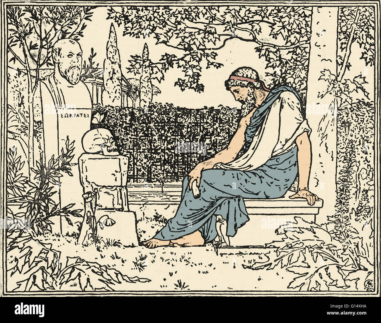 Plato meditating on immortality before Socrates, the butterfly, skull and poppy, about 400 B.C. Plato (424/423-348/347 BC) was a Classical Greek philosopher, mathematician, student of Socrates, writer of philosophical dialogues, and founder of the Academy Stock Photo