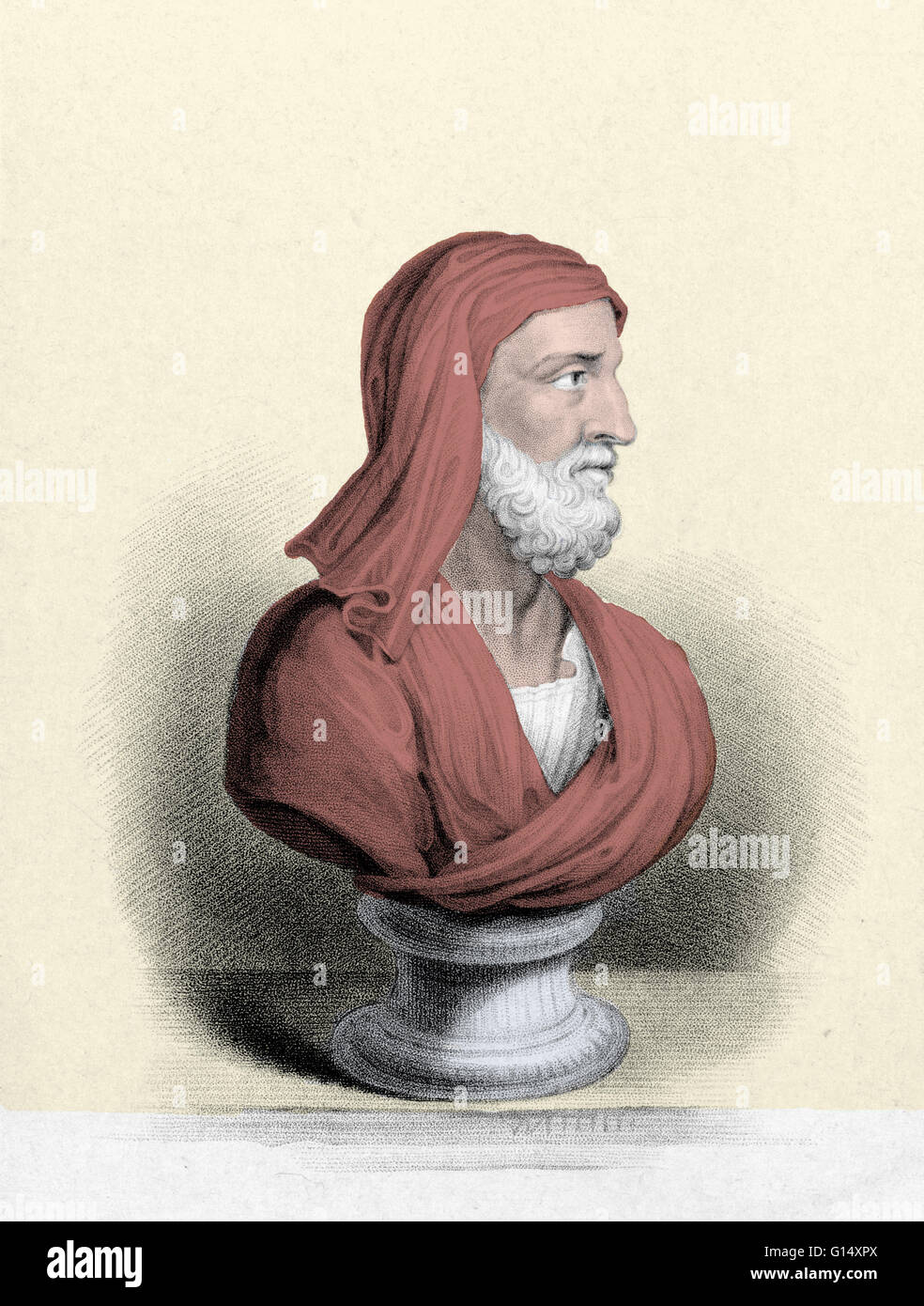 Lucius Mestrius Plutarchus (46-120 AD) was a Greek historian, biographer, essayist, and Middle Platonist known primarily for his Parallel Lives and Moralia. In addition to his duties as a priest of the Delphic temple, Plutarch was also a magistrate in Cha Stock Photo
