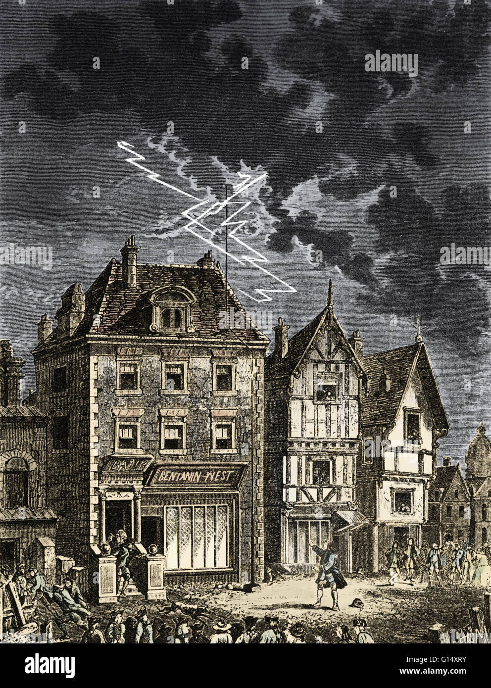 Illustration of a lightning rod, installed by Benjamin Franklin to test his theories on electricity and metal, on banker Benjamin West's home in Philadelphia. Stock Photo