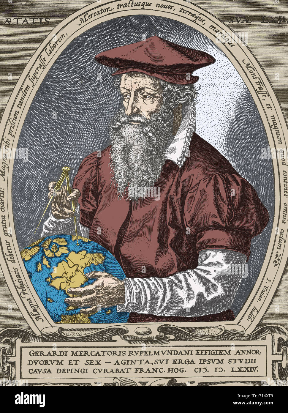 Gerardus Mercator (March 5, 1512 - December 2,1594) was a Flemish cartographer. He was born Gerard de gemor or de Cremer (Mercator is the Latinized form of his name). Mercator's map-making began when he produced a map of Palestine in 1537. In 1538 he prod Stock Photo