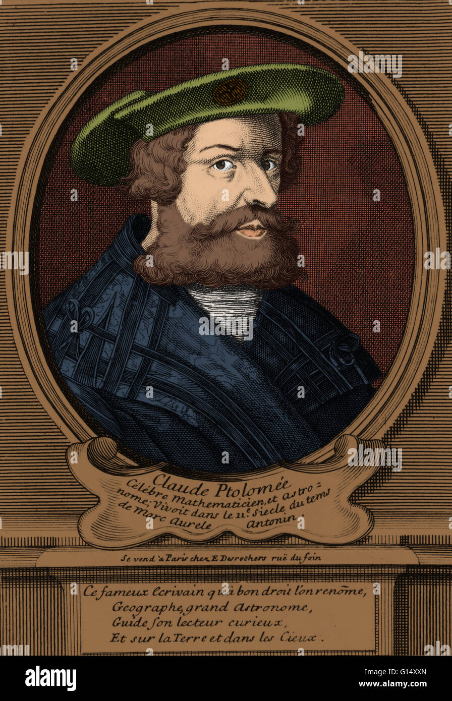 Claudius Ptolemy (90-168 AD), was a Greek-Roman citizen of Egypt (Claudius is a Roman name and Ptolemaeus is a Greek name). He was a mathematician, astronomer, geographer, astrologer, and poet of a single epigram in the Greek Anthology. Ptolemy was the au Stock Photo