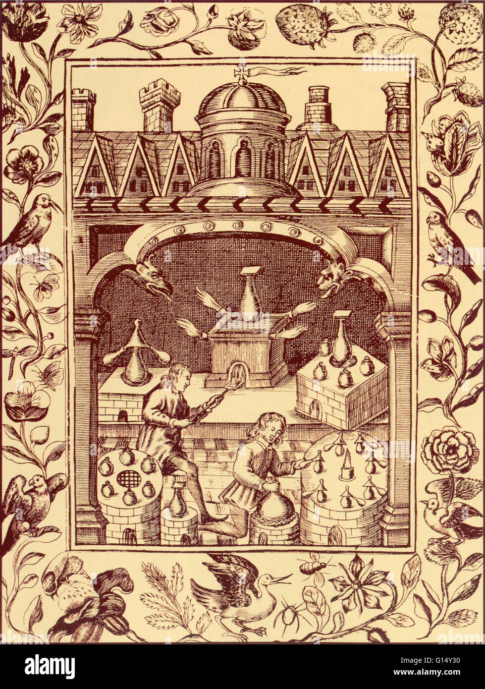 An illustration of various alcemical ovens. Alchemy was the pseudo-scientific predecessor of chemistry. Among other pursuits, alchemists searched for formulas that would turn base metals into gold. Stock Photo