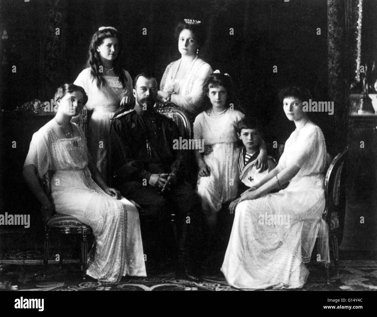Portrait of Tsar Nicholas II and his family, from the series of pictures taken to mark the Romanov tercentenary in 1913. The pictures were produced by the Imperial family's favorite photographers, Boissonas & Eggler of St. Petersburg and sold as postcards Stock Photo