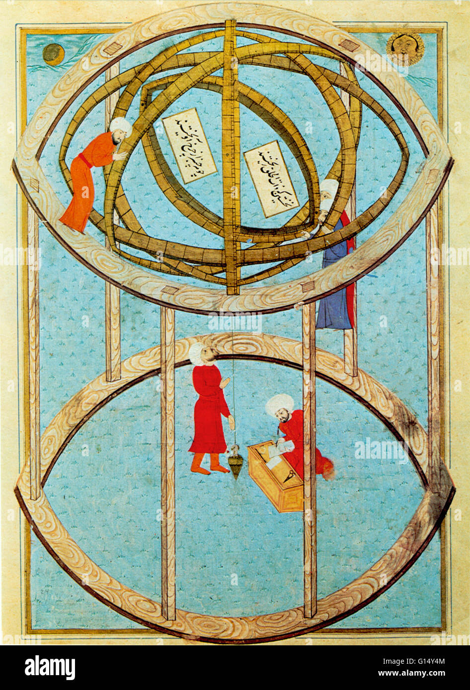 Illustration from a 16th century Ottoman manuscript showing a giant armillary sphere (also known as spherical astrolabe, armilla, or armil), which is a model of the celestial sphere. Stock Photo