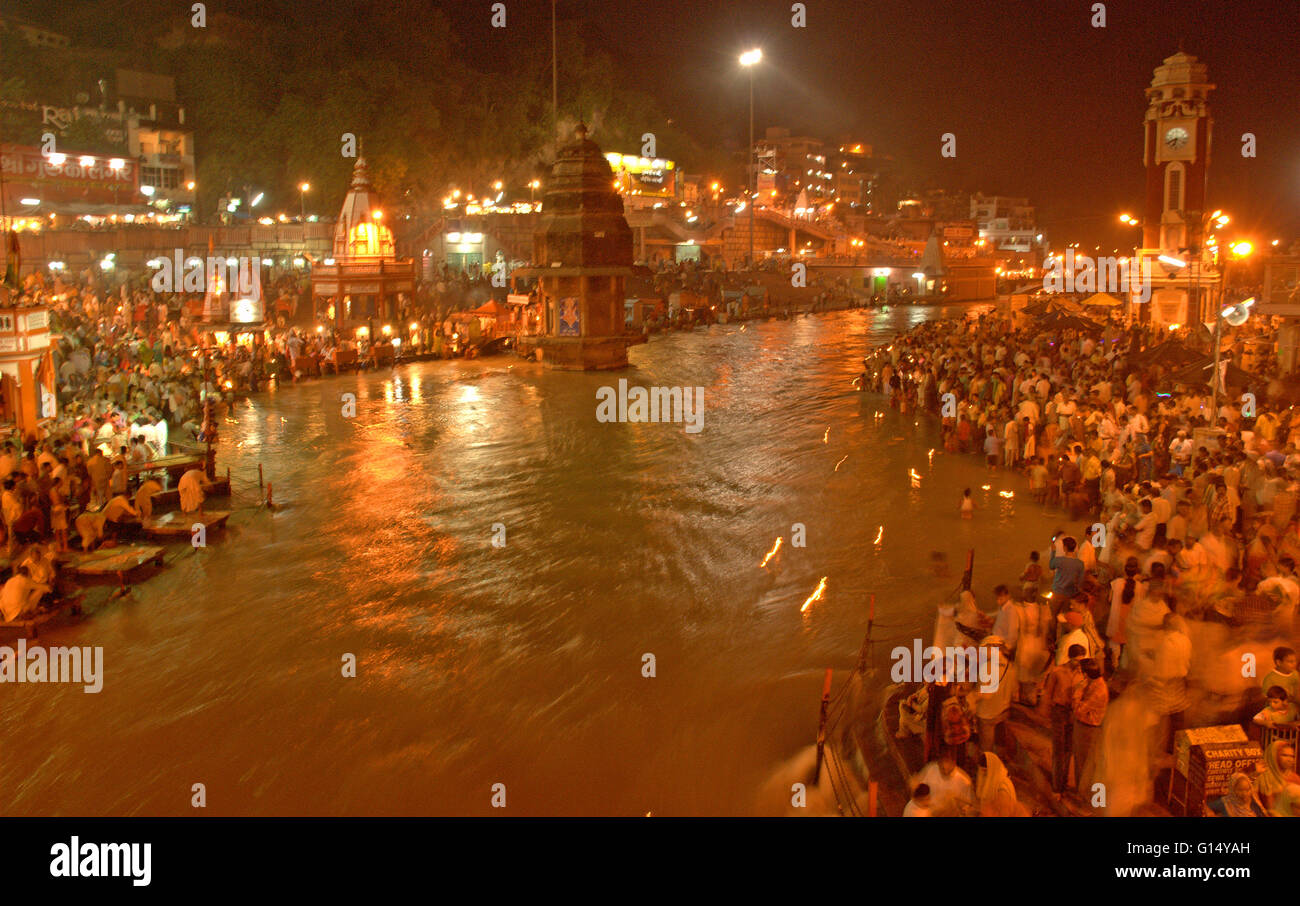 Ganga Aarti on the banks of holy river Ganges, Haridwar, Uttarakhand, India Stock Photo