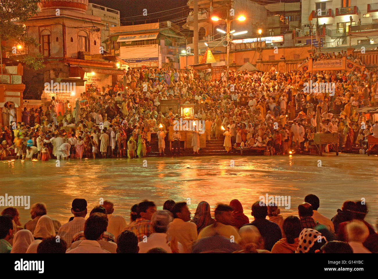 Ganga Aarti on the banks of holy river Ganges, Haridwar, Uttarakhand, India Stock Photo